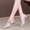 Pearl Rhinestone Baotou Flat Heel Cool Slippers Women's Summer Wear Fashion Medium Heel 2025 New Thick Heel Half Slippers