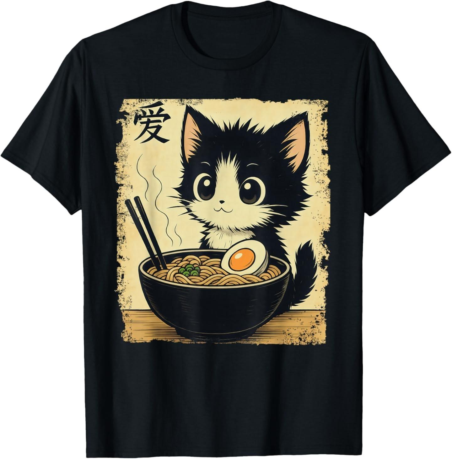 Funny Kitten Ramen Graphic Japanese Kawaii Anime Cat T-Shirt L