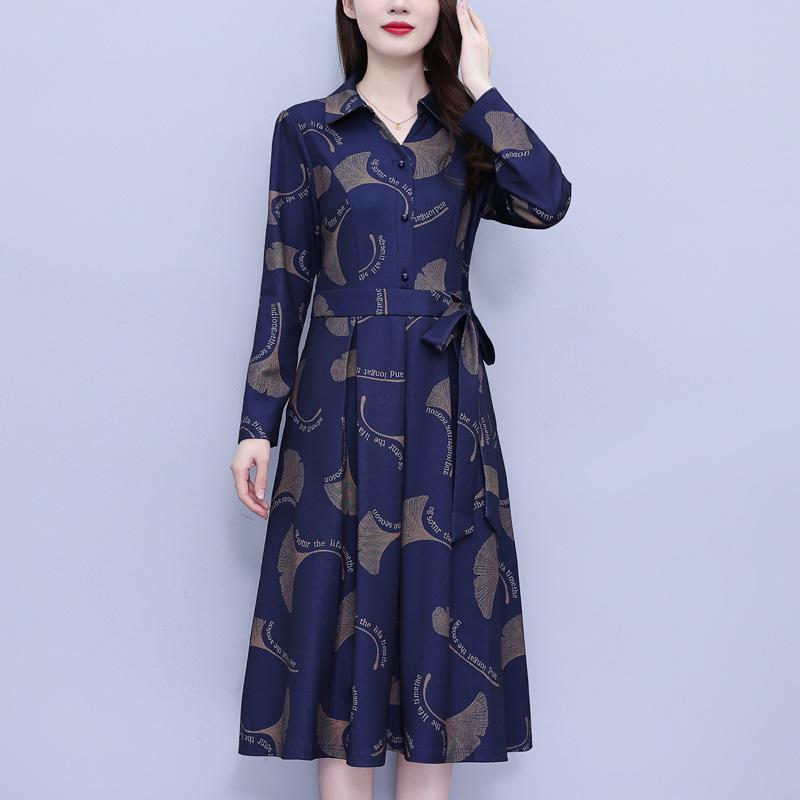 Elegant Floral Waist-Cinched Dress for Middle-Aged Women – Slimming Autumn/Winter Style