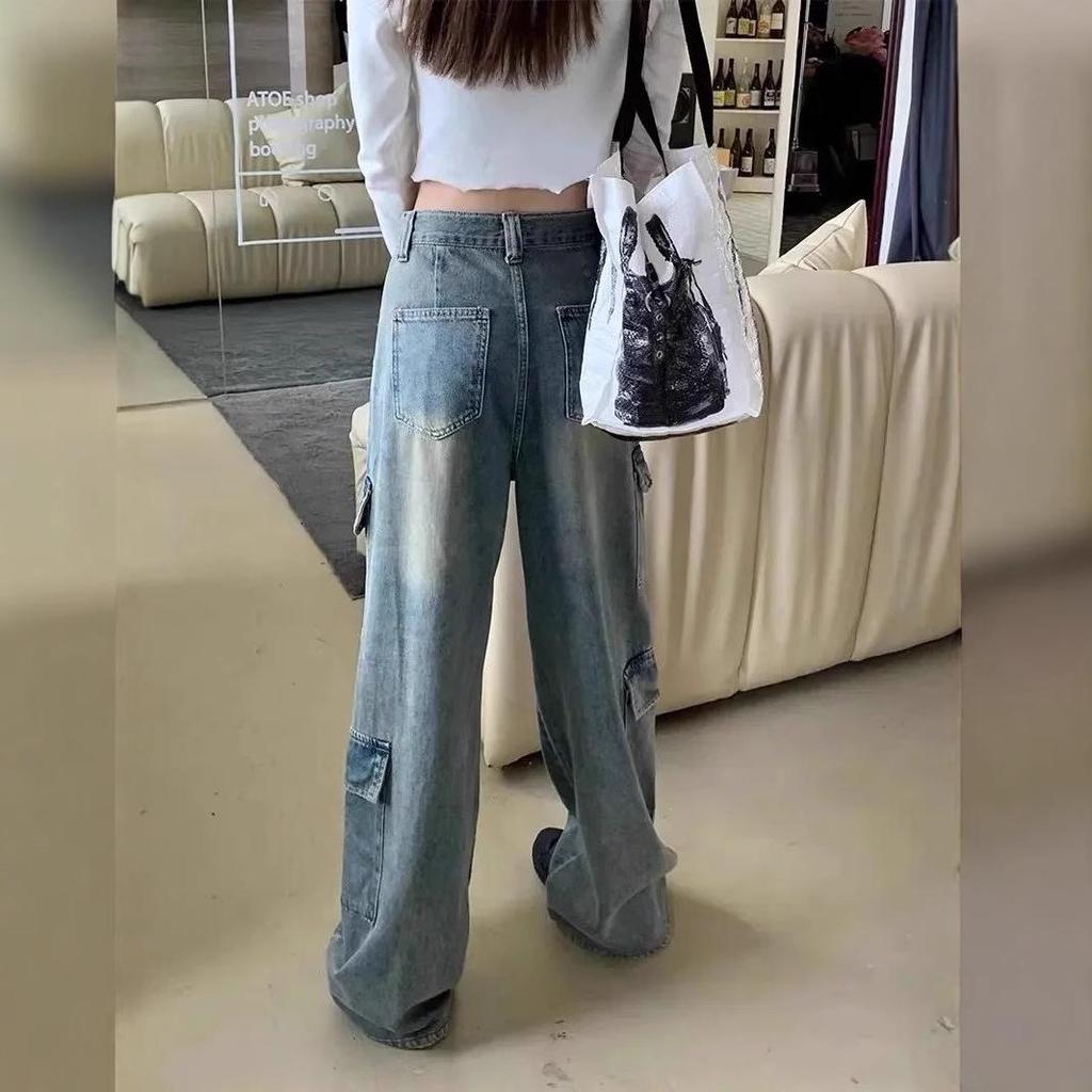 Women's High Waist Distressed Boyfriend Cargo Jeans - Loose, Slimming, Straight Leg, Floor-Length.