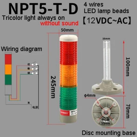 1Pcs NPT5-T-D Without Sound 3 Layer Tricolor Lamp Machine Tool LED Warning Light Semaphore Indicator Lamp Red Yellow Green