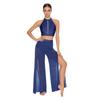 Womens Lyrical Dance Performance Outfit Sequin Hollow-out Tank Crop Top+Built-in Briefs Mesh Pants Modern Contemporary Dancewear