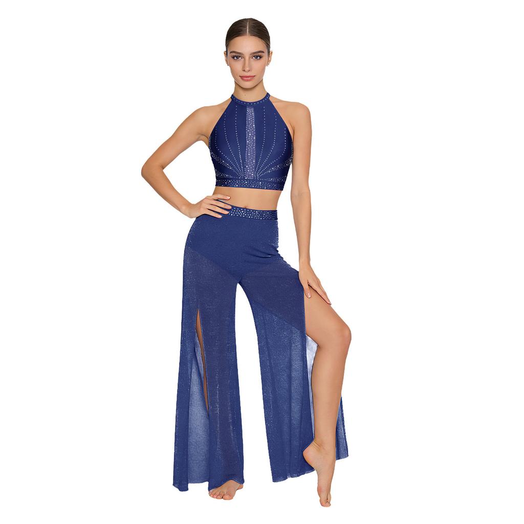 Womens Lyrical Dance Performance Outfit Sequin Hollow-out Tank Crop Top+Built-in Briefs Mesh Pants Modern Contemporary Dancewear