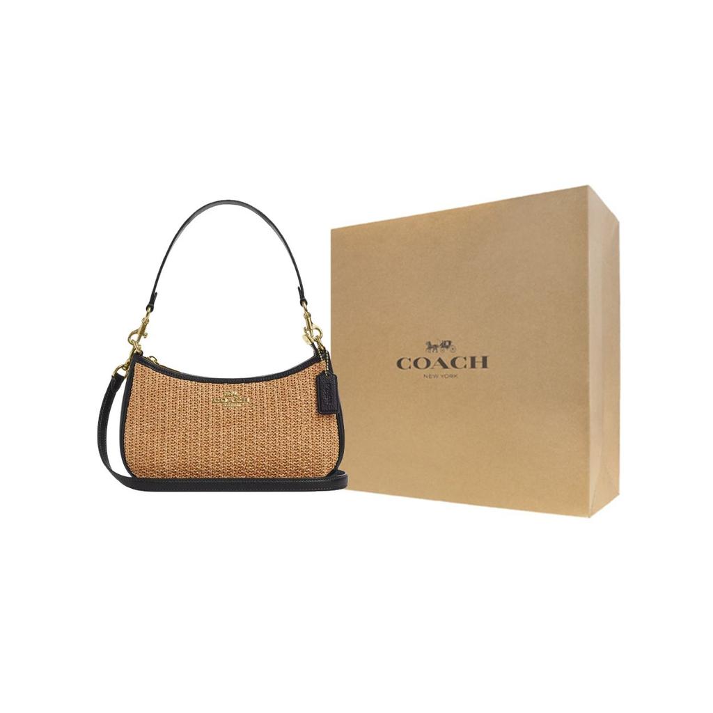 Coach Teri 24 Brand Logo Straw And Leather Tote Shoulder Bag Medium Women Bags Khaki Black CAL90-IMXUB
