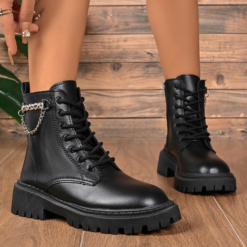 Fashion Black PU Leather Ankle Boots for Women Fashion Chain Decor Motorcycle Platform Boots Woman Autumn Winter Zip Lace Up Botas Mujer