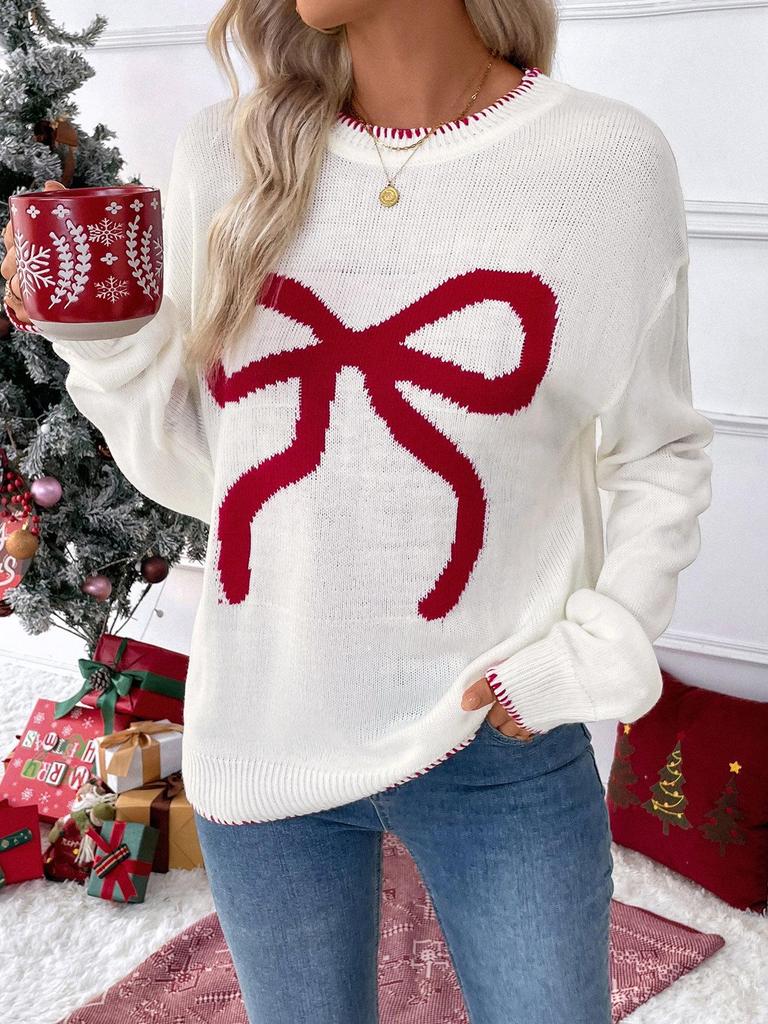 2025 Autumn/Winter Women's Bow Christmas Round Neck Long Sleeve Pullover Sweater