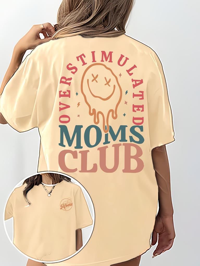 Overstimulated Moms Club Women's Tee - Funny Mom Life Graphic, Casual Black Oversized Top