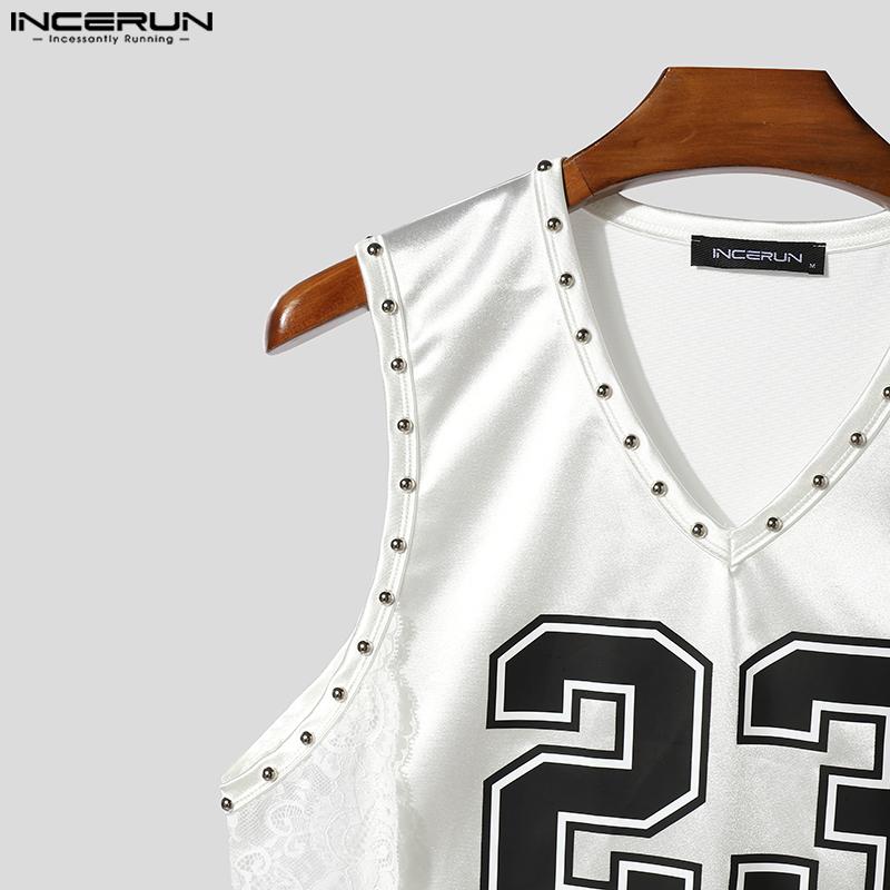 INCERUN Men V Neck Sleeveless Letter Print Lace Patchwork Casual Tank Tops