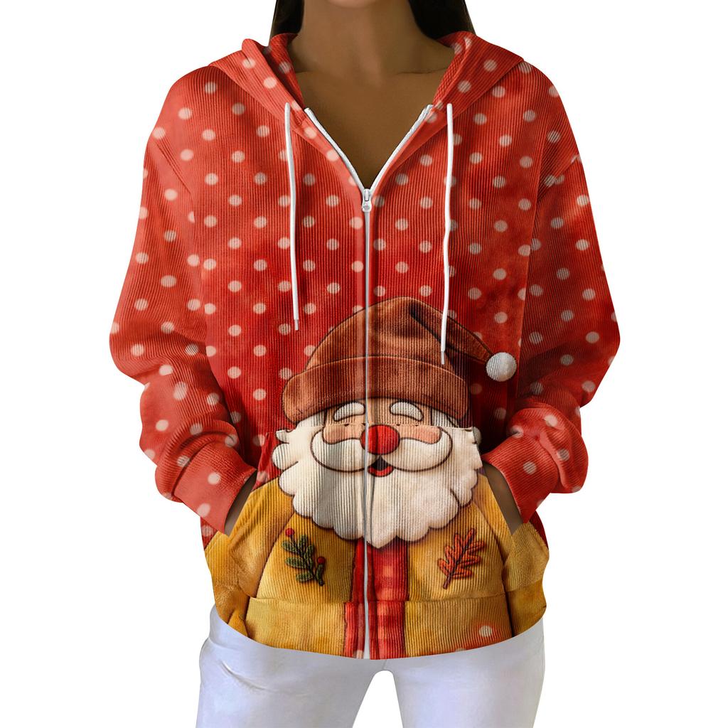 Dámská ležérní módní pletená mikina s kapucí na zip s dlouhým rukávem a vánočním potiskem