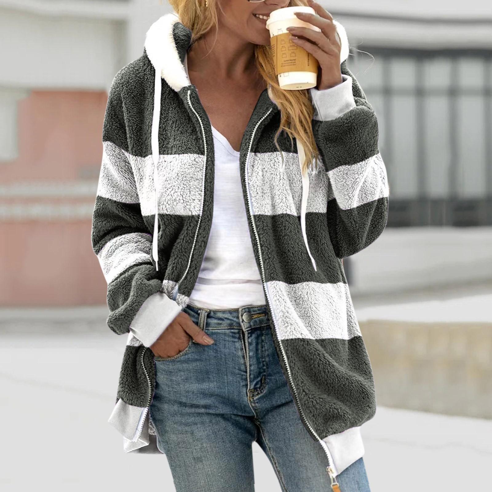 

Женская модная повседневная свободная плюшевая полосатая куртка с капюшоном и пальто XXXXL зелёный