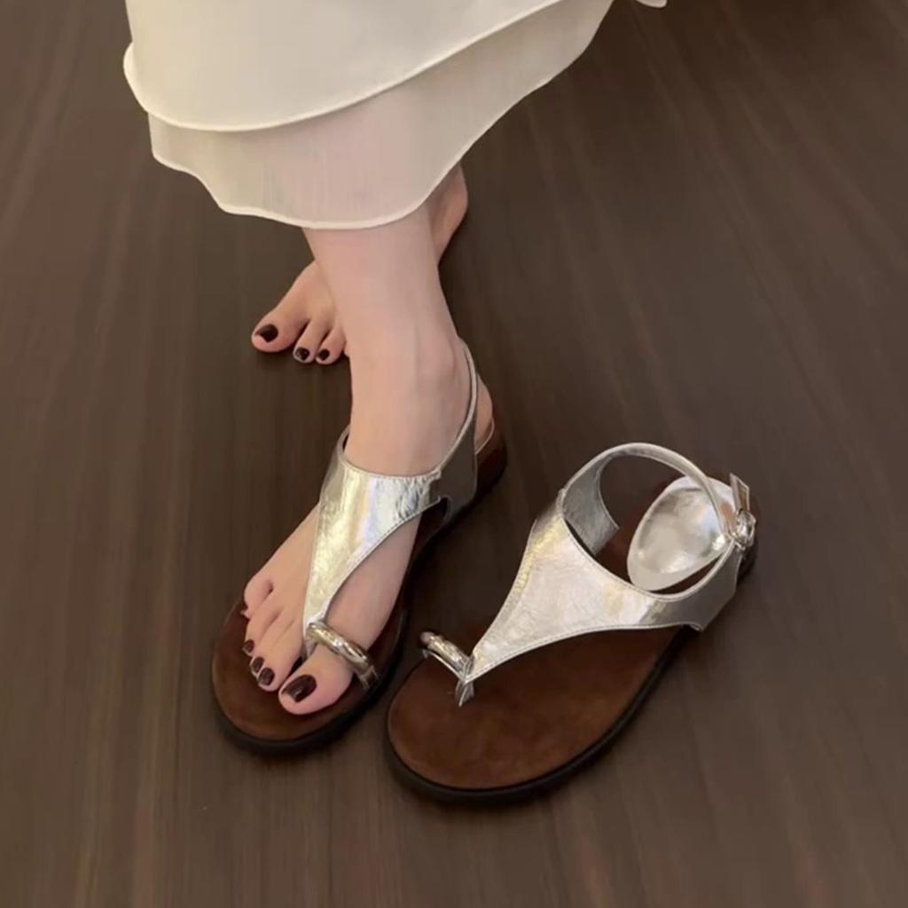 Sheepskin version~ summer new French retro style thick-soled toe round head sandals wear versatile casual beach shoes