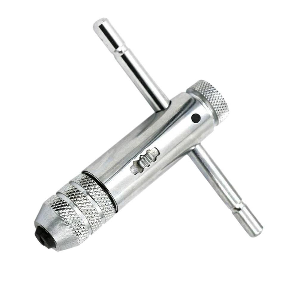 Cheie reglabilă cu clichet, argintie, cu mâner în T, cu 5 bucăți M3-M8, filet de mașină de 3 mm-8 mm, dop metric, tarod în formă de T