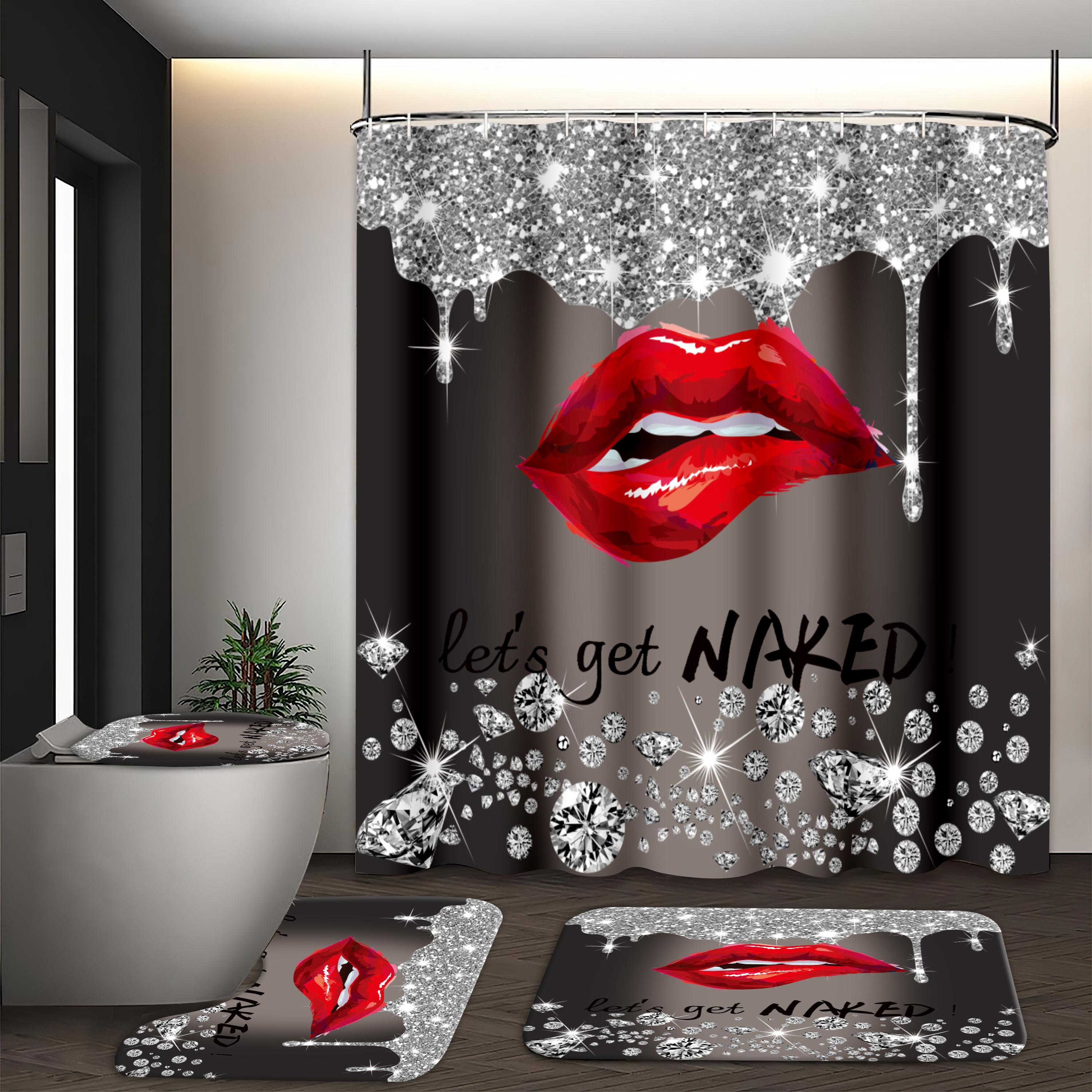

Red Lips Rhinestone Print Bath Set - Includes Shower Curtain, Bath Mat, Toilet Lid&U-Shaped Floor Pad For Stylish Bathroom Decor W60H190(CM)-1 Pcs