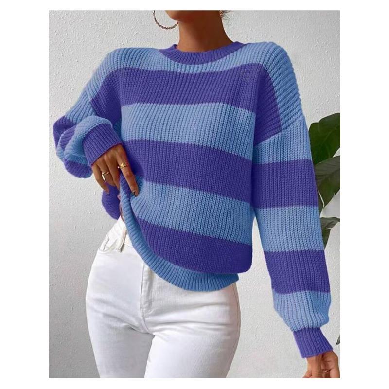 Damen S Lockerer Rundhals Langarm Gestreifter Strickpullover