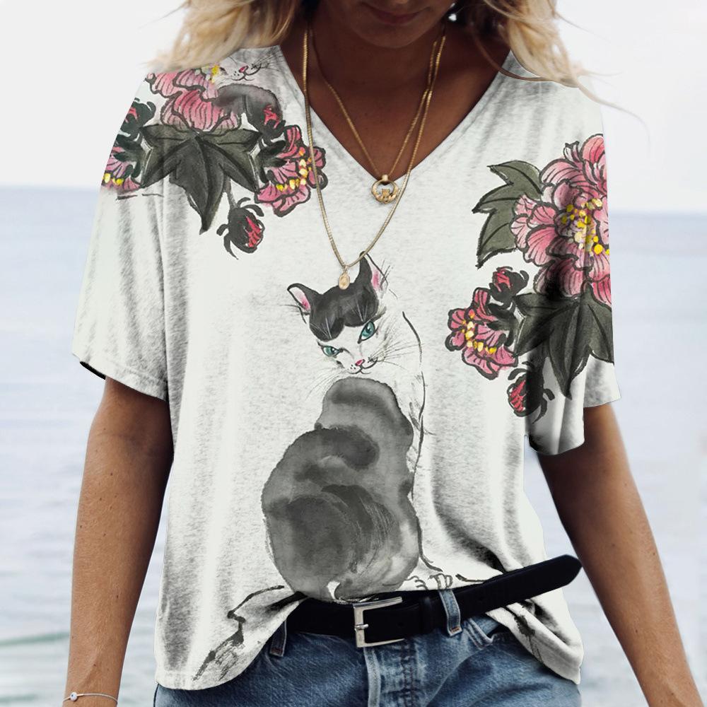 2025 Summer New 3D Cat Print Tee Loose Retro Women's V-neck Short Sleeved Street Style T-shirt Casual Top