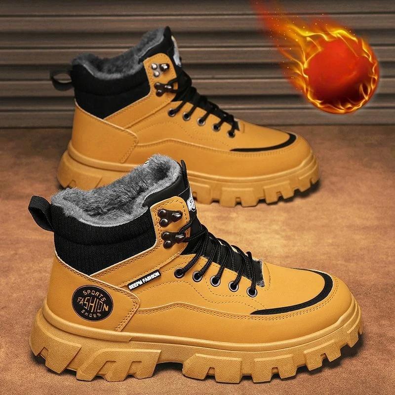 

Winter Men s High Top Thermal Work Boots British Style Plush Lined Waterproof Leather Casual Shoes Non-Slip Warm Chunky Sneakers 39 коричневый