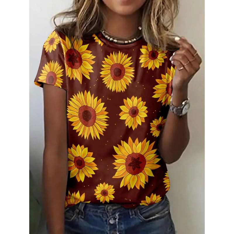 Plus Size Women's 3D Printed Sunflower Pattern T-shirt An Elegant Casual Crew Neck Short Sleeved Top
