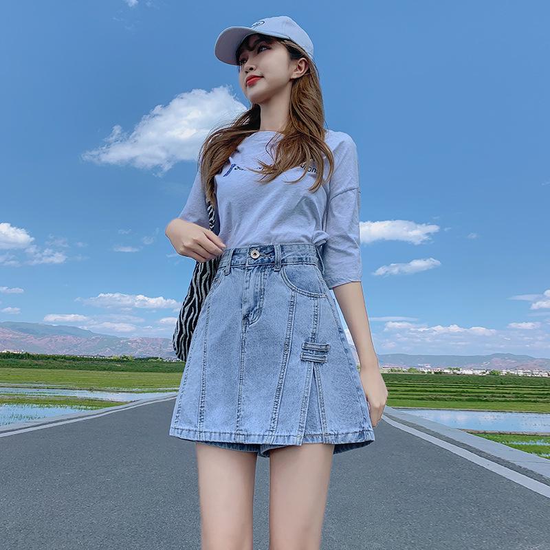 2024 Damen High Waist A-Linien Denim Skort: Schlankmachender Bodycon Minirock mit angenähten Shorts für den Sommer