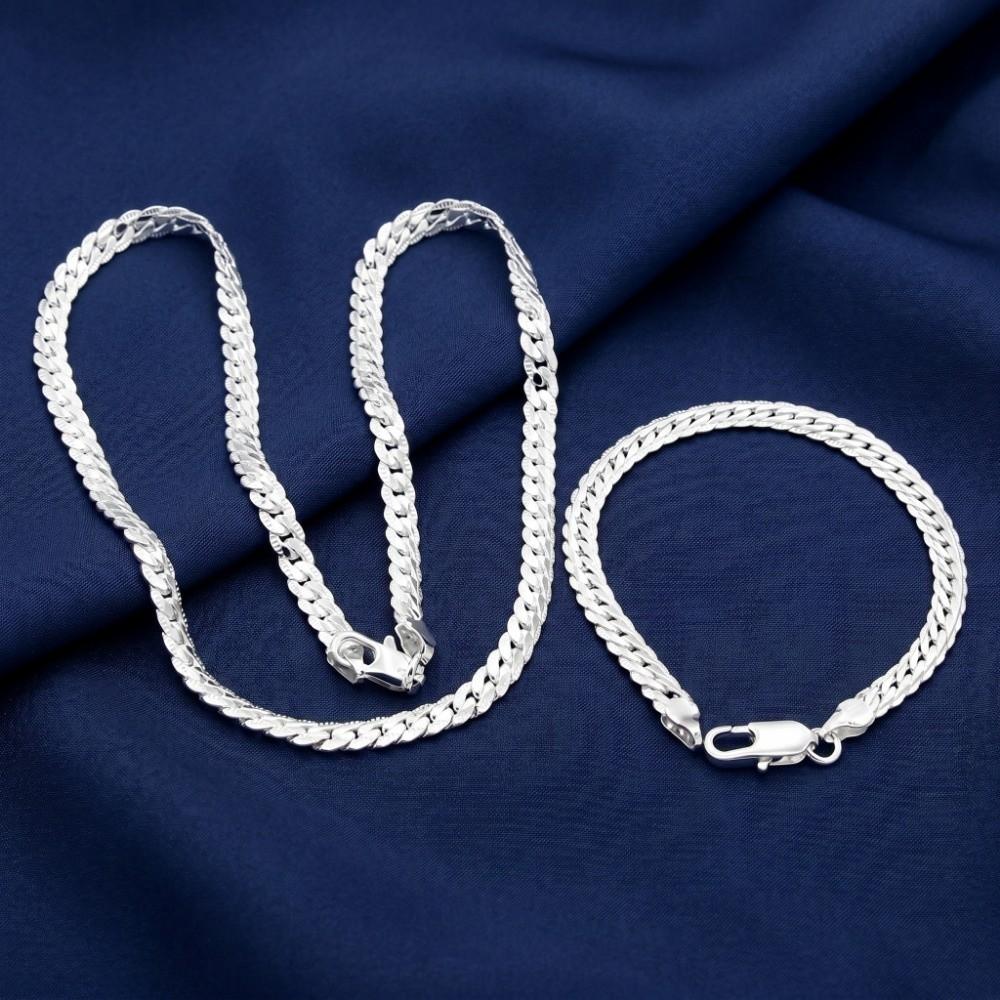 2Pcs Full Side Flat Chain Bracelet 5mm Snake Chain Bracelet Side Chain Necklace Wedding Gift