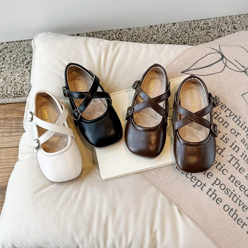 Children Flats Shoes Retro Girls Leather Shoes Soft Soled Little Kids Cross Princess Shoes Anti-Slippery 2024 Spring Autumn New