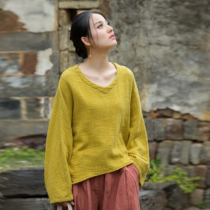 

Johnature Women Vintage Bat Sleeve T-Shirts Solid Color V-Neck Spring Loose Soft Chinese Style Women T-Shirts One Size жовтий