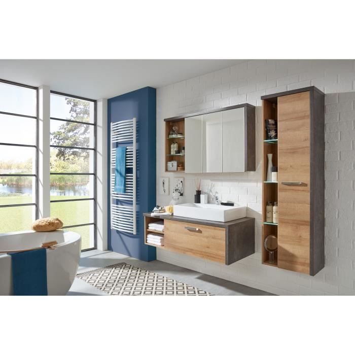 Ensemble meubles salle de bain vasque + colonne + miroir armoire - L186 x P53 x H198 cm - BAY