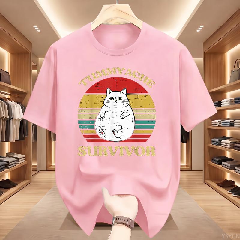 Ladies Funny Cat Tee Tummyache Survivor Printed Short Sleeve Casual Summer Top for Retro Style Lovers Clothing