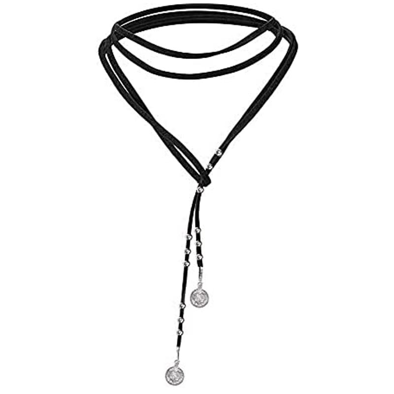 Simple DIY Boho Brown Black Wrap Velvet Choker Necklace Long Chain Tassels Disc Multiway Layered Necklace for Women Girls