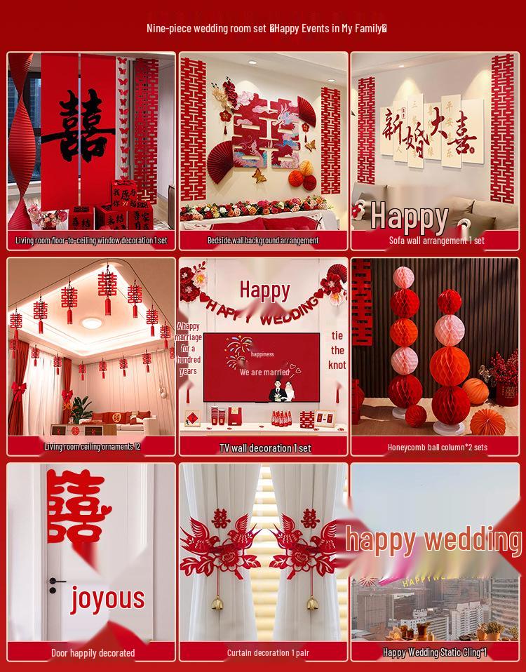 Double Happiness Wedding Room Cloth Banner Set for Ceremony and Hotel Décor