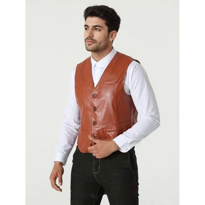Mens PU Leather Vest Slim Fit V-Neck Single-Breasted Casual Sleeveless Jacket Black Brown