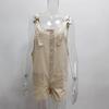 women's Linen Blend Tie Knot Strap Button Front Pocketed Loose Short Overalls Bib Shorts