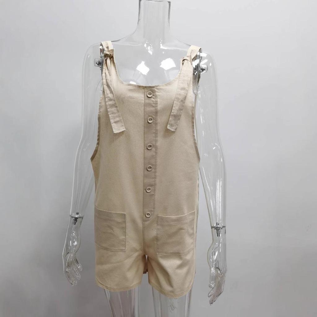 women's Linen Blend Tie Knot Strap Button Front Pocketed Loose Short Overalls Bib Shorts
