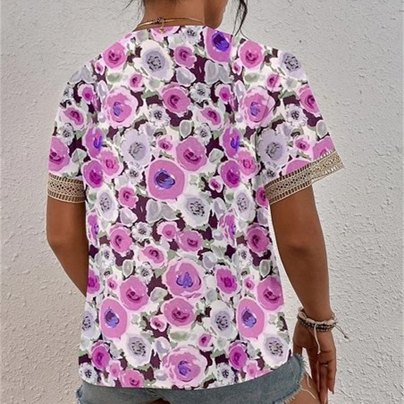 Sommer V-Ausschnitt Spitze Loose Print Damen Bluse Tops Stilvolle Bürodame Kurzarmshirt Damen Vintage Elegante Casual Blusen Damenbekleidung 24308