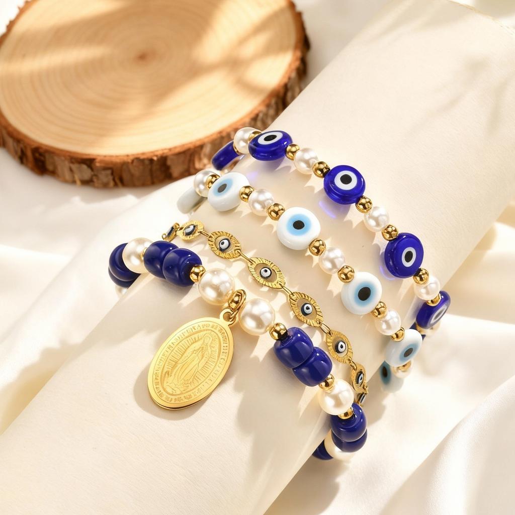 Stainless Steel Virgin Mary Bracelet for Women,Beads Chain Bracelets,Turkey Evil Eye Bracelet,Lucky Wealth Jewelry Gift