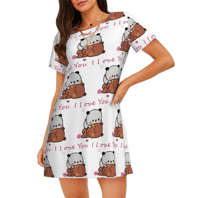 Maßgeschneiderte Bubu Dudu Panda und Brownie Bär Paar Kurzarm Nachthemd Zum Schlafen Damen Kurzarm Nachthemden Pyjama Kleid S gray