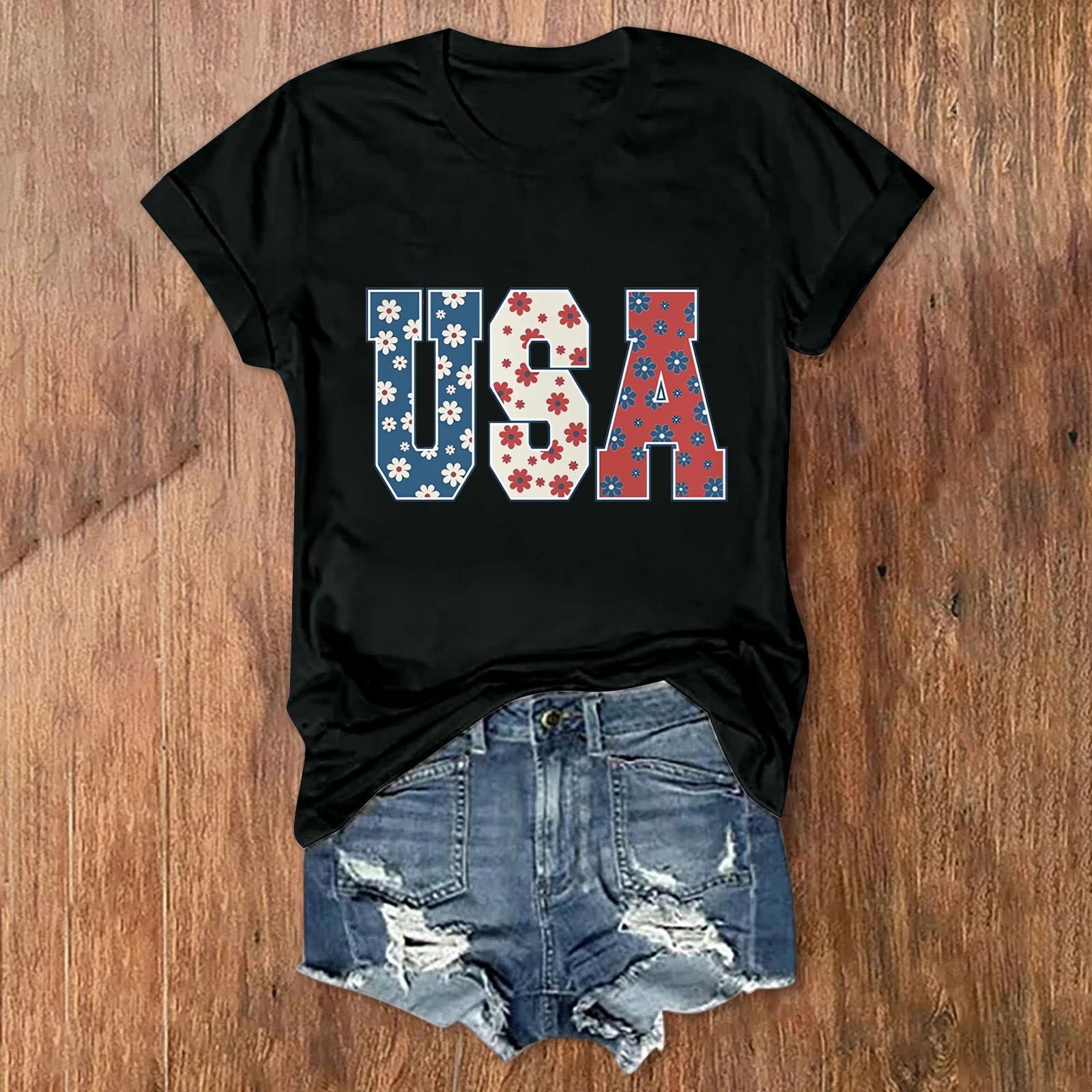 

Женские футболки «4 июля» с американским флагом США, патриотические повседневные футболки с короткими рукавами и милыми графическими блузками, топы XXL чёрный