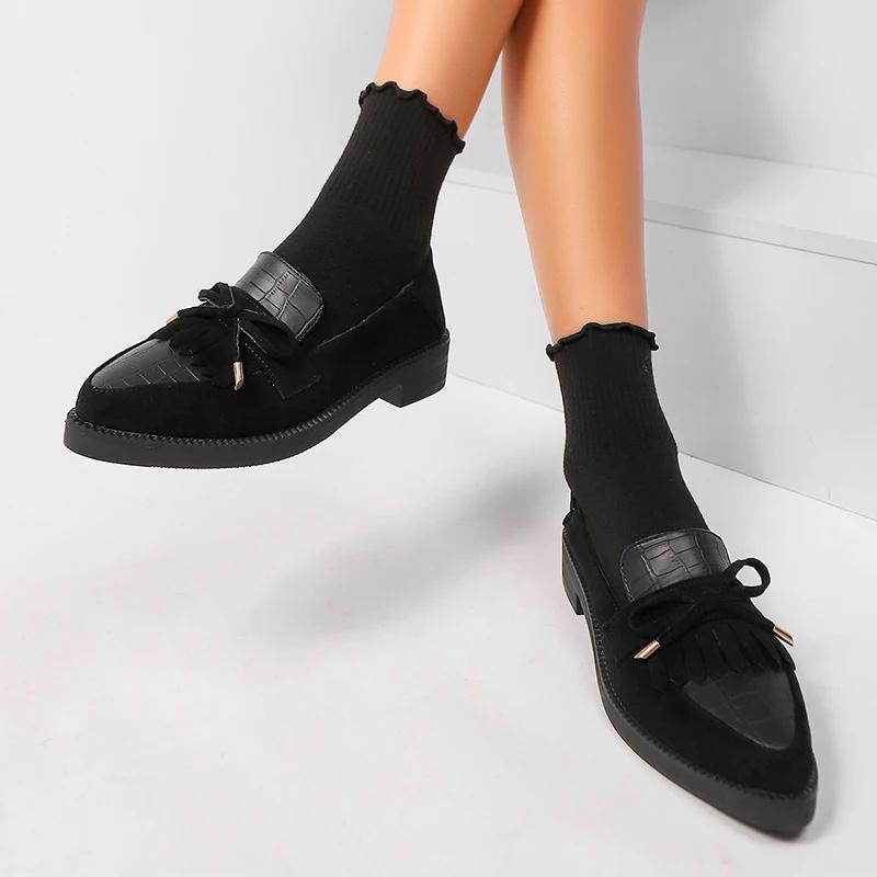 Fashion 2025 Spring New Bow Knot Loafers for Woman Pointed Toe Med Heel Pumps Women Casual Slip On Outside Pu Leather Shoes Mujer