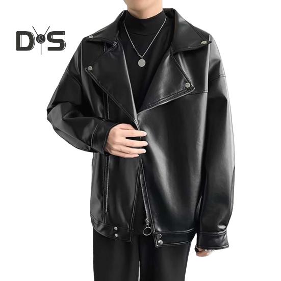 

Мужская куртка из искусственной кожи в стиле мотоцикла, однотонная, свободного кроя, пальто с лацканами, длинным рукавом, застежкой-молнией, верхняя одежда M чёрный