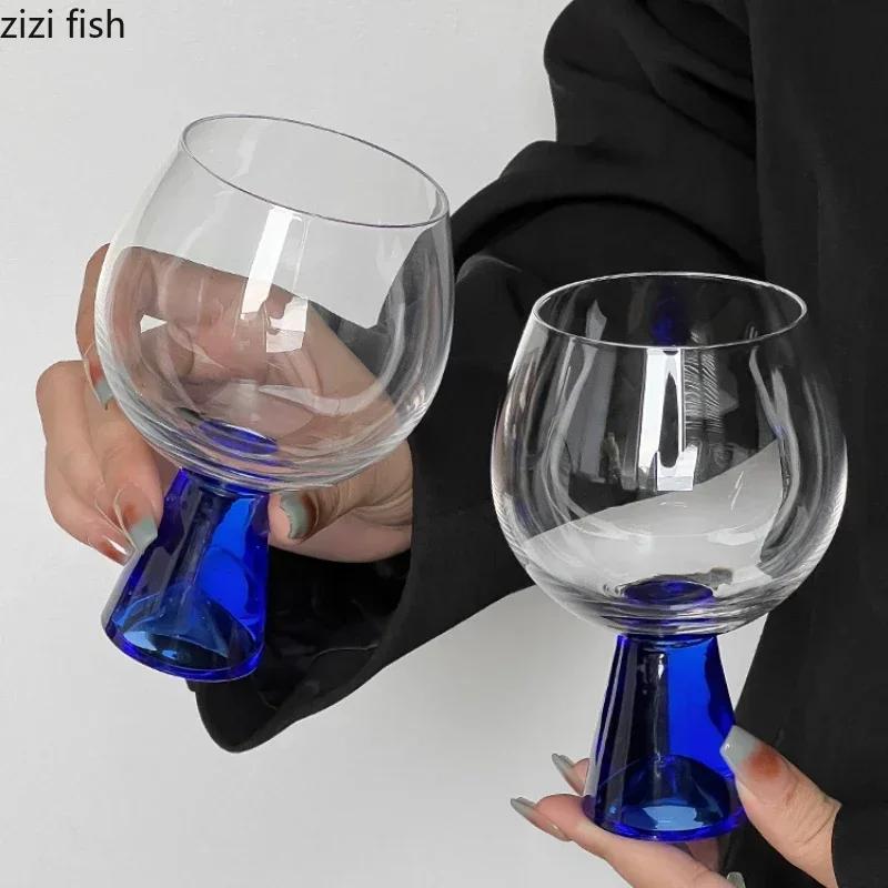 Blue Base High Foot Wine Glass Transparent Glass Cup Champagne Glass Beverage Juice Cup Dessert Bowl Water Cups Wine Cup