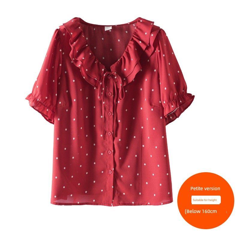 

Plus Size Women s Clothing [Korean Style Beautiful Shirt] Three-Layer Ruffled Collar Polka Dot Chiffon Puff Sleeve Shirt Retro red (below 160cm) 9xl