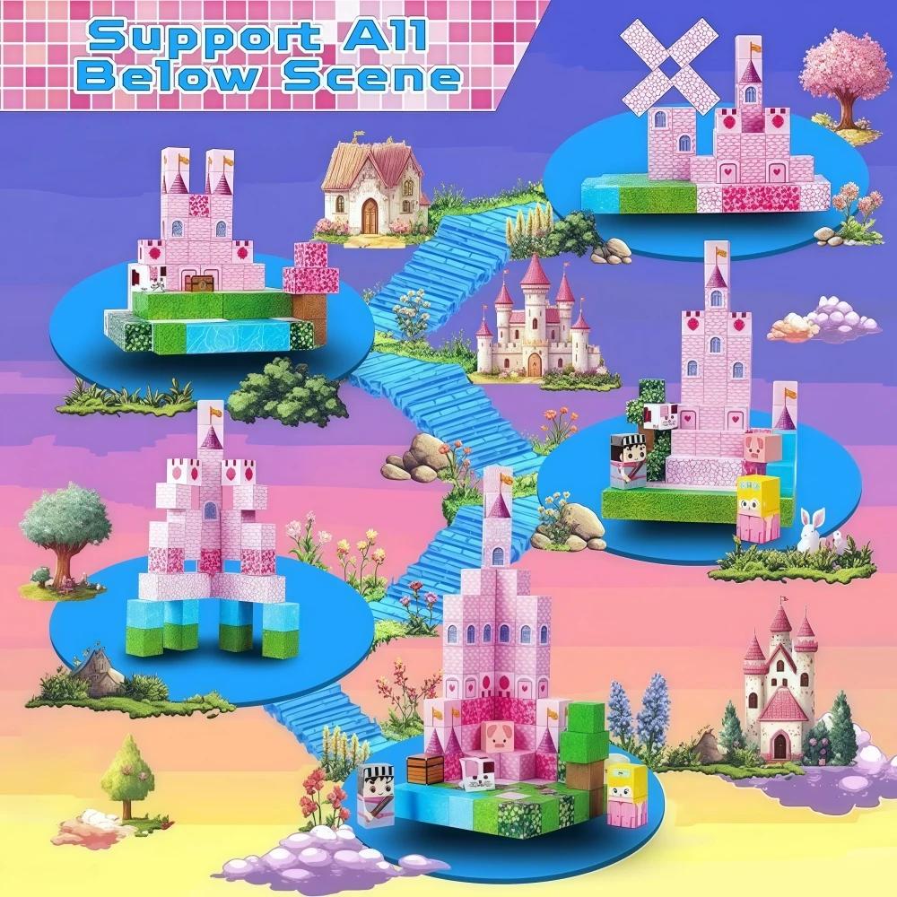 Non-Toxic Children Magnetic Building Set 100Pcs Free Build Pink Castle 3D Diy Creative Ornament Stem Educational Gift Holiday Present Box