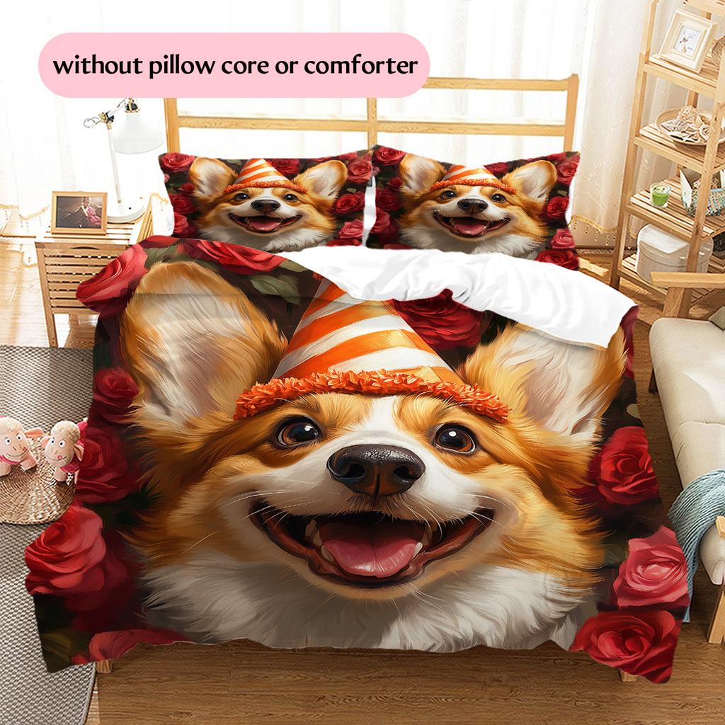 Dog with Birthday Hat Pattern Bedding Quilt Set Home Decoration Gift (1 * duvet cover + 2 * pillowcase without core)