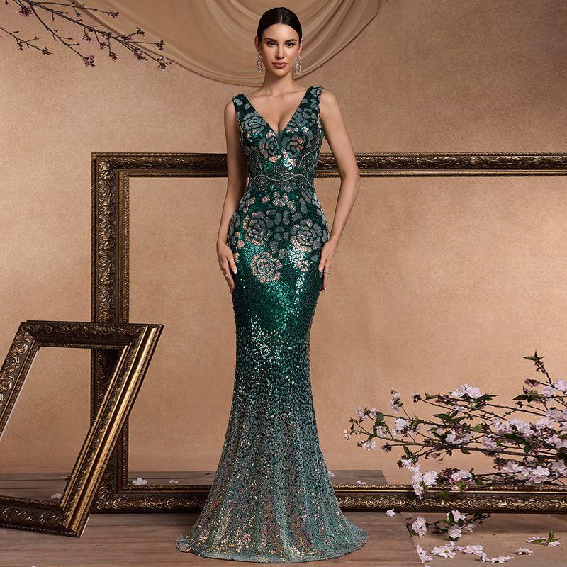 

European and American New Style Long Deep V-Neck Elegant Sequin Embroidered Formal Cocktail Evening Dress Luxurious Bridesmaid Gown Dark Green S