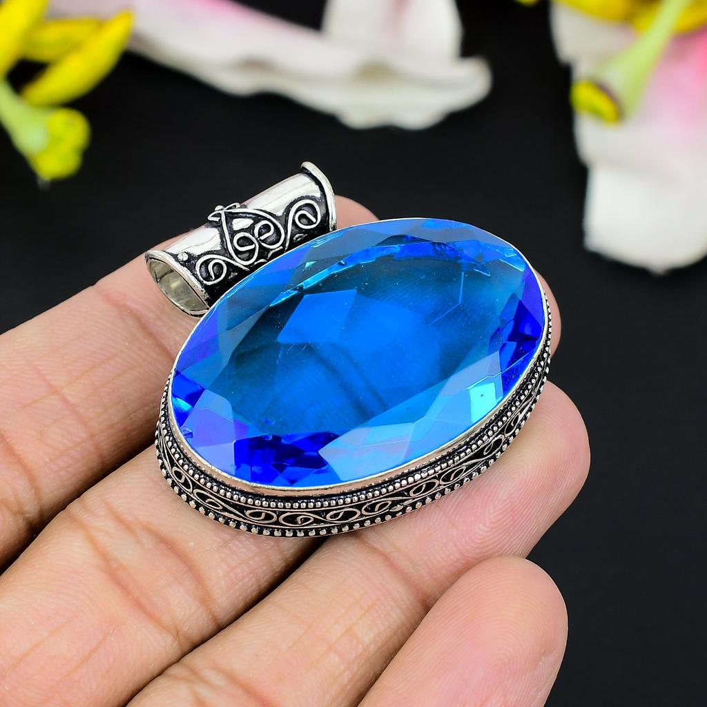 Tanzanite Quartz Gemstone Handmade 925 Steling Silver Jewelry Pendant 1.38" KG-327