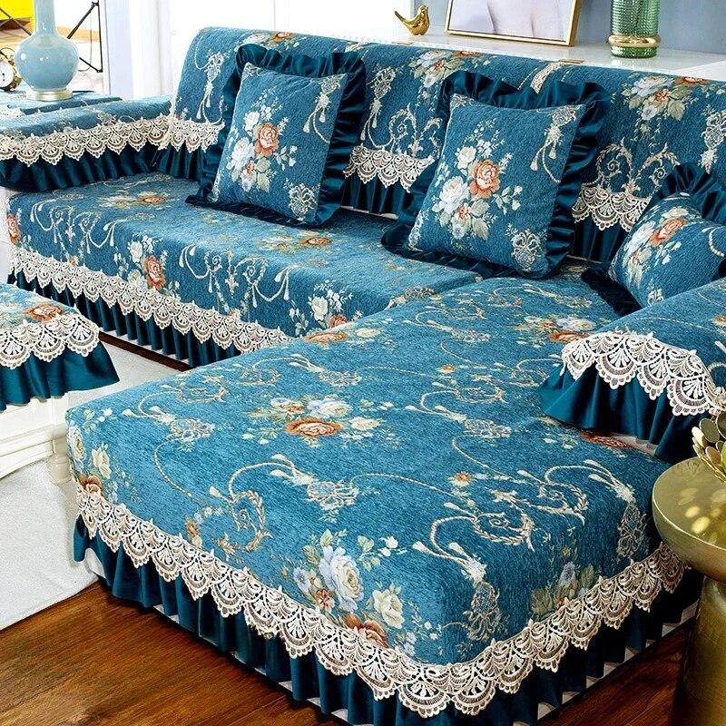 Luxury Chenille Sofa Mat European Style Large Flower Fabric Anti Slip Seat Cushion Winter Solid Wood Full Coverage Sofa Cover