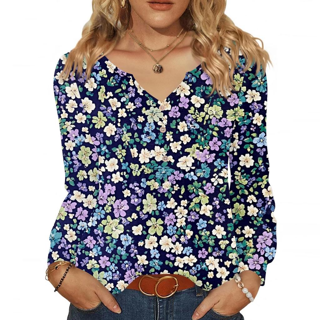 Women's Fashionable Casual V-neck Blouse Button Long-sleeved Pullover T-shirt Top