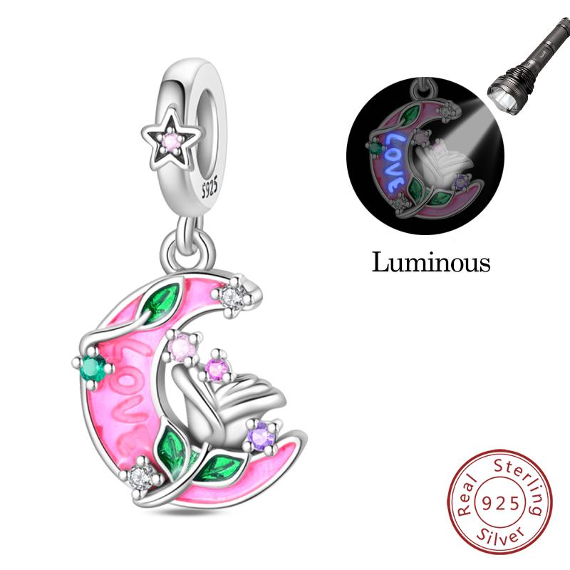 Copper Pink Love Series Charm Love Cube Little Bear Luminous Pendant Fit Original Bracelet Romantic Wedding Jewelry