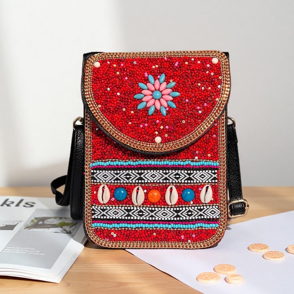 Women's Small Crossbody Cell Phone Bag Boho-Style Colorful Beaded Purse Wallet with Handmade Patterns Lightweight Cell Phone Shoulder Bag for Women