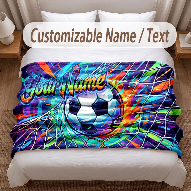 Soccer Theme Soft Blanket Personalized Custom Name Text Print Warm Blanket Home Sofa Bedroom Decor