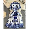 Chinese Style Print Women's Dress Lapel Short Sleeves Belt Single Breasted Contrast Color Dresses 2024 Summer New 27C216